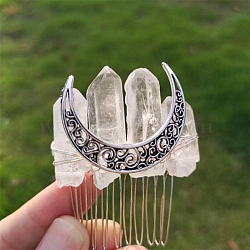 Electroplated Natural Quartz Crystal Hair Combs, Hair Accessories for Women Girls, Moon, Clear, 58x38mm(PW-WGCA24B-01)