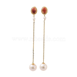 Round Natural Pearl Stud Earrings for Women, Oval Natural Agate Sterling Silver Dangle Earrings, Real 18K Gold Plated, 75x9.5mm(EJEW-E303-03G)