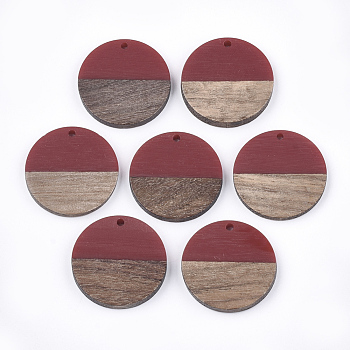 Resin & Walnut Wood Pendants, Flat Round, FireBrick, 28.5x3.5~4mm, Hole: 1.5mm