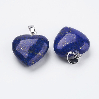 Natural Lapis Lazuli Pendants, with Brass Findings, Heart, Dyed, Platinum, 23x20x9mm, Hole: 5x8mm