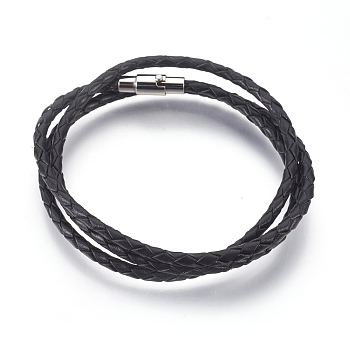 Leather Braided Cord Wrap Bracelets/Necklaces, Three Loops, with 304 Stainless Steel Magnetic Screw Clasps, Column, Black, 22.8 inch~23 inch(58~58.5cm), 3mm