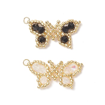 2Pcs 2 Color Glass Seed Beaded Pendants, with Golden Plated 304 Stainless Steel Jump Rings, Butterfly Charms, Black and White, 19x29.5x4mm, Hole: 2.5mm, 1Pc/color