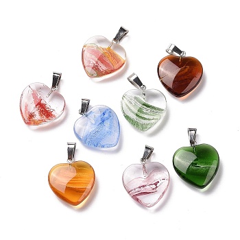 Handmade Lampwork Pendants, with Alloy Findings, Heart Charm, Mixed Color, 23x21x17mm, Hole: 6x4mm