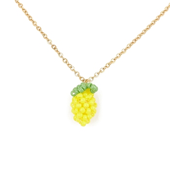 Glass Seed Beaded Lemon Pendant Necklace with 304 Stainless Steel Cable Chains, Golden, 15.75 inch(40cm)