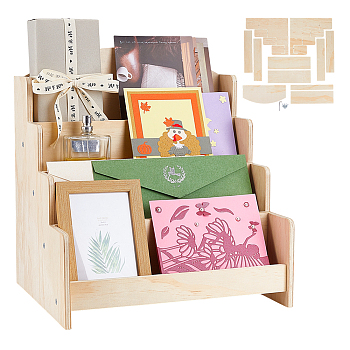 4-Tier Wood Display Riser Stands for Brochures, Rectangle, Old Lace, 26x30.5x33.5cm