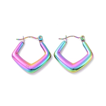 Ion Plating(IP) Rainbow Color 304 Stainless Steel Rhombus Hoop Earrings for Women, 22x22x3.5mm, Pin: 0.8mm