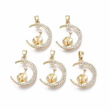 Brass Cubic Zirconia Peg Bails Pendants, for Half Drilled Bead, Nickel Free, with Brass Snap on Bails, Moon, Real 18K Gold Plated, Clear, 19x16x3.5mm, Hole: 4x3mm, Pin: 0.9mm(for half drilled beads)

