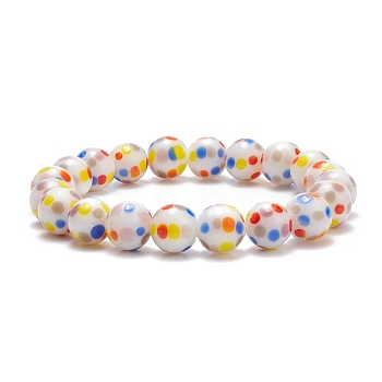 Dot Pattern Lampwork Round Beaded Stretch Bracelet for Women, Colorful, Inner Diameter: 2-1/4 inch(5.7cm), Beads: 10mm