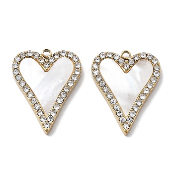 PVD Vacuum Plating 304 Stainless Steel Pave Shell Pendants, Heart Charms with Crystal Rhinestone, Real 18K Gold Plated, 20.5x16x2.5mm, Hole: 1.5mm