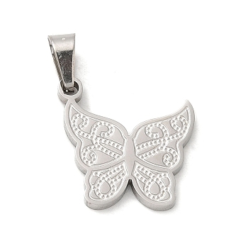 304 Stainless Steel Pendants, Textured and Laser Cut, Butterfly Charm, Stainless Steel Color, 15x15.5x1.5mm, Hole: 5x3mm
