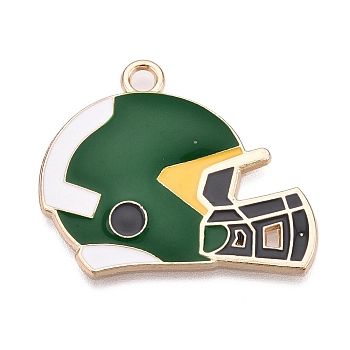 Rugby Theme Alloy Enamel Pendants, Light Gold, Rugby Helmet Charm, Dark Green, 25x30x2mm, Hole: 2.1mm