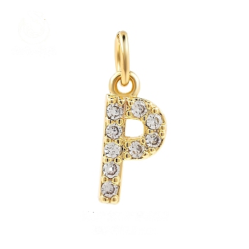 Brass Cubic Zirconia Pendants with Jump Rings, Real 18K Gold Plated, Letter P, 15x7.8x2.2mm, Hole: 2.8mm