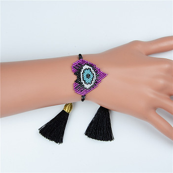 Glass Seed Braided Bead Bracelet with Double Tassel, Heart with Evil Eye Protection Lucky Bracelet for Women, Dark Violet, 11 inch(28cm)