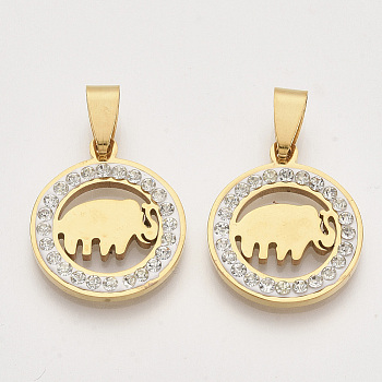 201 Stainless Steel Pendants, with Random Size Snap On Bails and Polymer Clay Crystal Rhinestones, Flat Round with Elephant, Golden, 24x20x2~3mm, Hole: 7~10x3~5mm