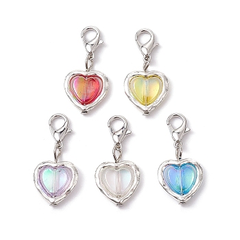 Heart Alloy & Acrylic Pendant Decorations, with Lobster Claw Clasps, Platinum, Mixed Color, 28mm