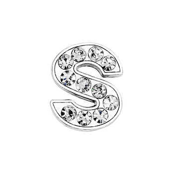 Eco-Friendly Zinc Alloy Slide Charms, with Rhinestone, Platinum Plated, Letter, Crystal, Letter.S, 12mm, Hole: 1.5x7.9mm