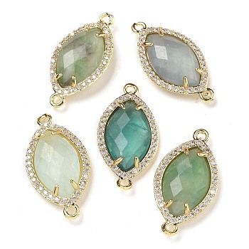 Natural Green Fluorite Faceted Horse Eye Connector Charms, Rack Plating Brass Micro Pave Clear Cubic Zirconia Links, Golden, 26.5~27x14x5mm, Hole: 1.6mm