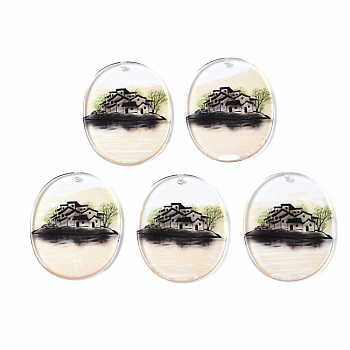 Transparent Printed Acrylic Pendants, Oval with House, Colorful, 38x30x2.5mm, Hole: 1.6mm