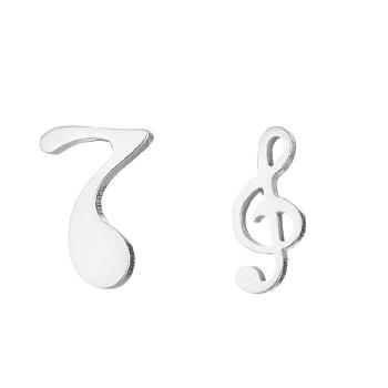 304 Stainless Steel Music Note Stud Earrings with 316 Stainless Steel Pins, Asymmetrical Earrings for Women, Stainless Steel Color, 10x6mm and 11x5mm