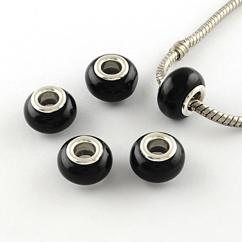 Imitation Cat Eye Resin European Beads, Large Hole Rondelle Beads, with Silver Color Plated Brass Cores, Black, 13~14x9mm, Hole: 4.5~5mm