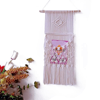Bohemian Macrame Woven Cotton Magazine Holder, Wall Hanging Tassel Plants Storage Bag for Home Bedroom Decoration, Old Lace, 700x400mm