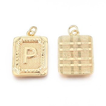 Brass Pendants, with Jump Rings, Cadmium Free & Nickel Free & Lead Free, Rectangle with Letter, Real 18K Gold Plated, Letter.P, 22.5x16x2mm, Jump Ring: 5x1mm, 3mm inner diameter