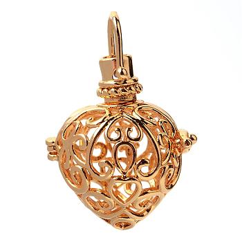 Rack Plating Brass Cage Pendants, For Chime Ball Pendant Necklaces Making, Heart, Golden, 29x25x20mm, Hole: 5x5mm, inner measure: 17x17mm