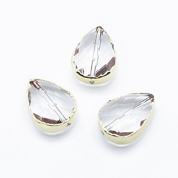 Faceted Glass Beads, with Brass Findings, teardrop, Golden, Clear, 18x13x8mm, Hole: 1mm