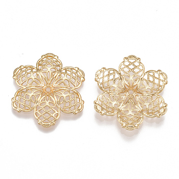 Brass Fancy Bead Caps, 6-Petal Flower, Nickel Free, Real 18K Gold Plated, 27x24.5x3mm, Hole: 1.4mm