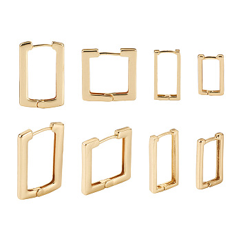 Pandahall 8Pcs 4 Size Brass Rectangle Hoop Earrings for Women, Real 14K Gold Plated, 15~29x9~20x2~3mm, Pin: 0.7~0.8mm, 2Pcs/style