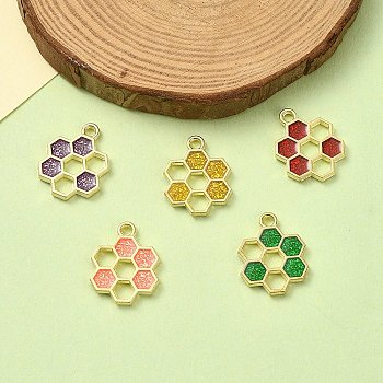10Pcs 5 Colors Alloy Enamel Pendants, Golden, Honeycomb Charm, Mixed Color, 19x15x1.5mm, Hole: 2mm, 2pcs/color