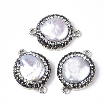 Natural Cultured Freshwater Pearl Links connectors, with Alloy Findings and Polymer Clay Rhinestone, Flat Round, Antique Silver, 24.5x18x5.5~7.5mm, Hole: 1.6mm