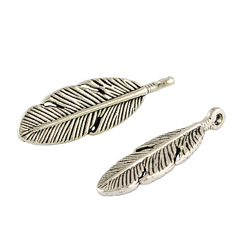 Tibetan Style Alloy Feather Pendants, Lead Free & Cadmium Free, Antique Silver, 30x9x2.5mm, Hole: 2mm