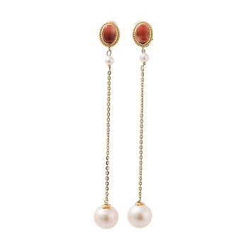 Round Natural Pearl Stud Earrings for Women, Oval Natural Agate Sterling Silver Dangle Earrings, Real 18K Gold Plated, 75x9.5mm