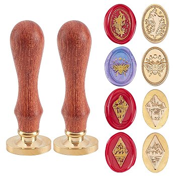 CRASPIRE Pear Wood Handle and Wax Seal Brass Stamp Head Sets, for Wax Seal Stamp, Wedding Invitations Making, Mixed Color, 6pcs