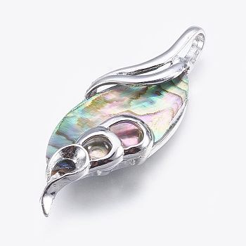 Abalone Shell/Paua Shell Big Pendants, with Brass Findings, Leaf, Platinum, 46.5x18x7mm, Hole: 4x5.5mm