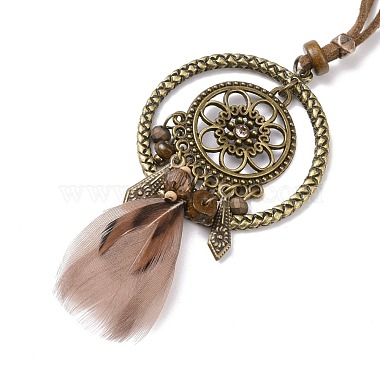 Filet tissé en alliage avec collier pendentif en plumes avec perles de bois(NJEW-P261-03AB)-2