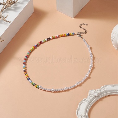 Glass Seed Bead & ABS Plastic Imitation Pearl Beaded Necklaces for Women(NJEW-JN04264)-6
