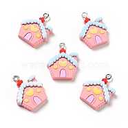Christmas Opaque Resin Pendants, with Platinum Tone Iron Loops, House Charm, Pink, 26x20x6mm, Hole: 2x2.6mm(RESI-G043-B01)