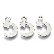 201 Stainless Steel Charms, Laser Cut, Moon with Star, Stainless Steel Color, 14x9x0.7mm, Hole: 1.6mm(STAS-R116-041B)