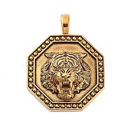 Titanium Steel Pendants, Octagon with Tiger Head Charm, Antique Golden, 46x36x7mm, Hole: 8x5mm(STAS-S143-04)