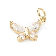 Brass Clear Cubic Zirconia Charms, Long-Lasting Plated, with Jump Ring, Butterfly, Golden, 9x13.5x3mm, Hole: 3.5mm(ZIRC-B010-36G)