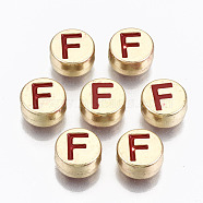 Alloy Enamel Beads, Cadmium Free & Lead Free, Flat Round with Initial Letters, Light Gold, Red, Letter.F, 8x4mm, Hole: 1.5mm(X-ENAM-S122-029F-RS)