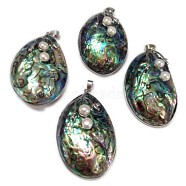 Paua Shell Pendants, with Freshwater Pearl Beads and Brass Pendant Settings, Drop, Platinum Metal Color, Colorful, 54~65x36~40x16mm, Hole: 7x4mm(SSHEL-F0001-06-01)
