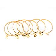 304 Stainless Steel Bangle Sets, with Mixed Shape Charm, Golden, 68mm, 5.4mm, about 7pcs/set(BJEW-O115-82)