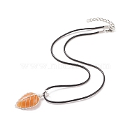 Natural Red Aventurine Leaf Cage Pendant Necklace with Waxed Cords, Gemstone Jewelry for Women, 17.32 inch(44cm)(NJEW-TA00035-01)
