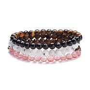 Round Natural Mixed Stone Beads Stretch Bracelets Set, Bracelets for Girl Women, Inner Diameter: 2-1/8 inch(5.5cm), 3pcs/set(BJEW-JB07293)