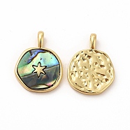 Eco-Friendly Rack Plating Brass Pendants, Flat Round with Star Charm, with Paua Shell, Long-Lasting Plated, Lead Free & Cadmium Free, Real 18K Gold Plated, 18x14x2mm, Hole: 3.5x1.7mm(KK-F851-10G)