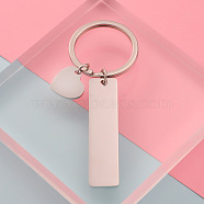 304 Stainless Steel Keychain, with Key Rings, Rectangle with Heart, Stainless Steel Color, 80mm(HEAR-PW0001-144P)