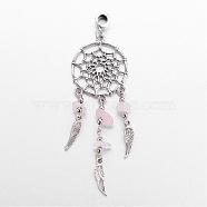 Alloy European Dangle Charms, Woven Net/Web with Feather, with Natural Rose Quartz Beads, Antique Silver, 95mm, Hole: 4.5mm(PALLOY-JF00238-01)